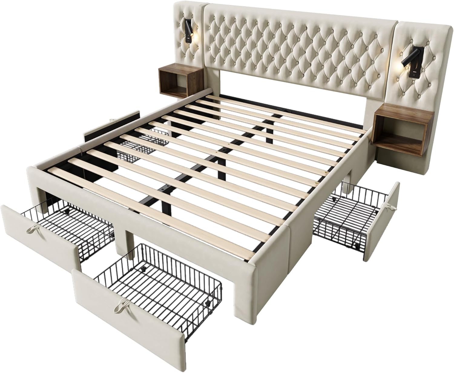 Polsterbett Doppelbett Bettanlage 180x200 cm, Schlafzimmer Komplett Set mit 2x Nachtkommoden und 4 Schubladen, LED Kopfteil Stauraumbett mit Leselicht & USB Ladefunktion, Samt, Ohne Matratze, Beige