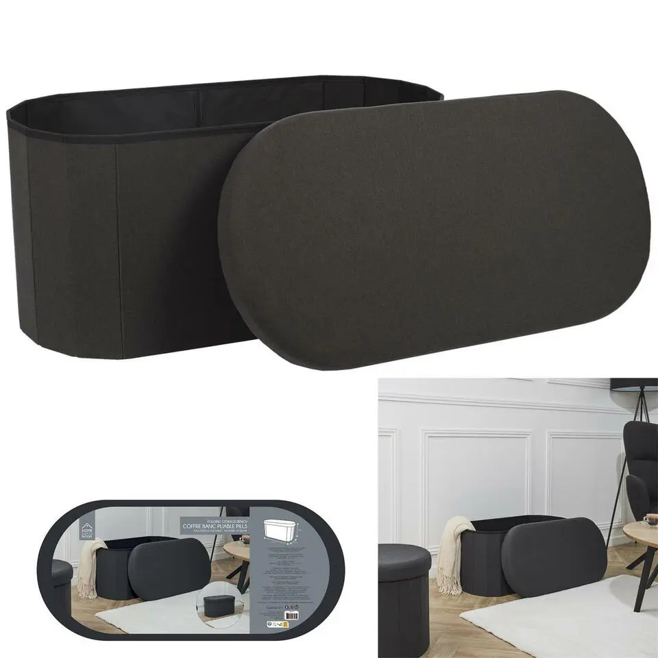 Home Deco - Poef - opbergbox - ovaal - zwart - 76 x 38cm