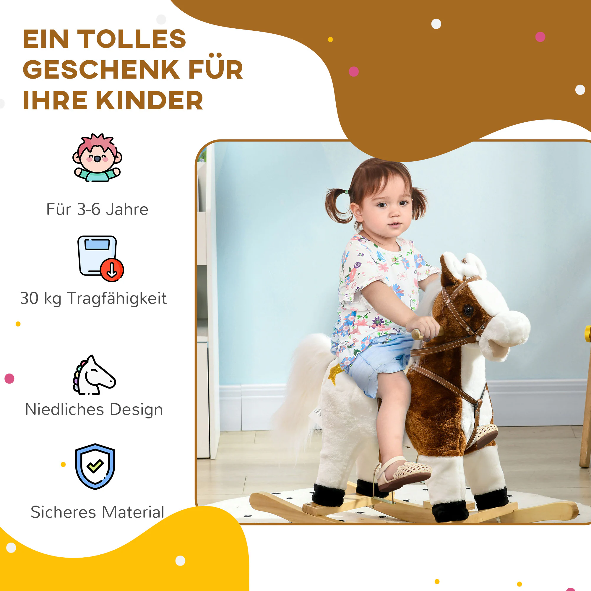 HOMCOM Schaukelpferd mit 3 x AA-Batterien braun 68L x 26B x 62H cm