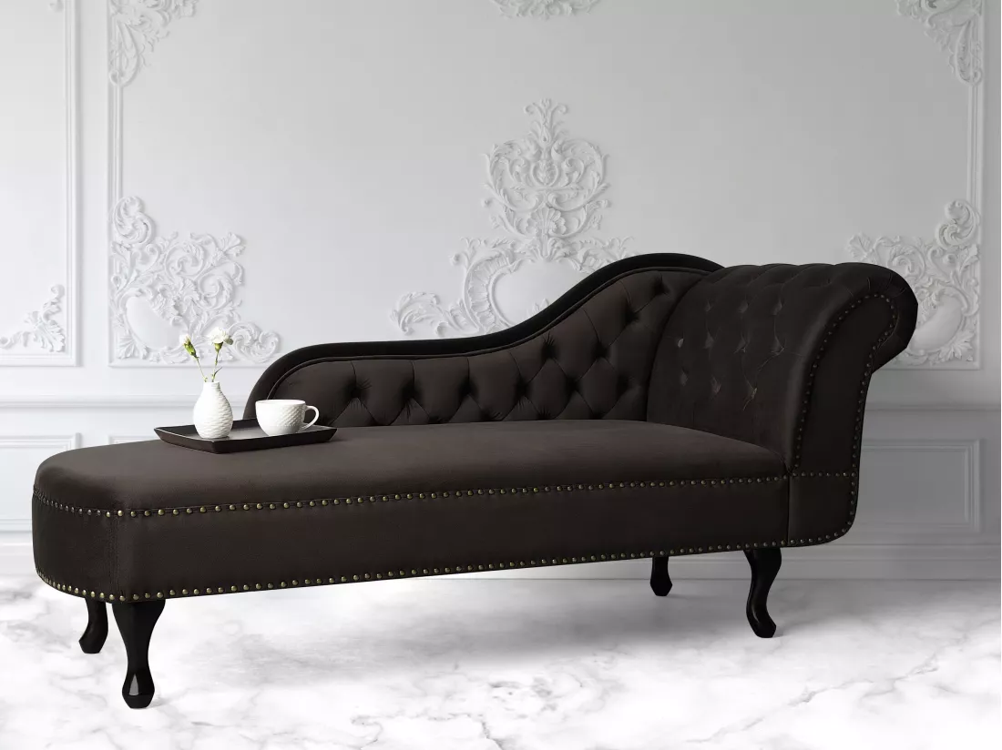 Chaise longue en velours marron côté droit style Chesterfield NIMES
