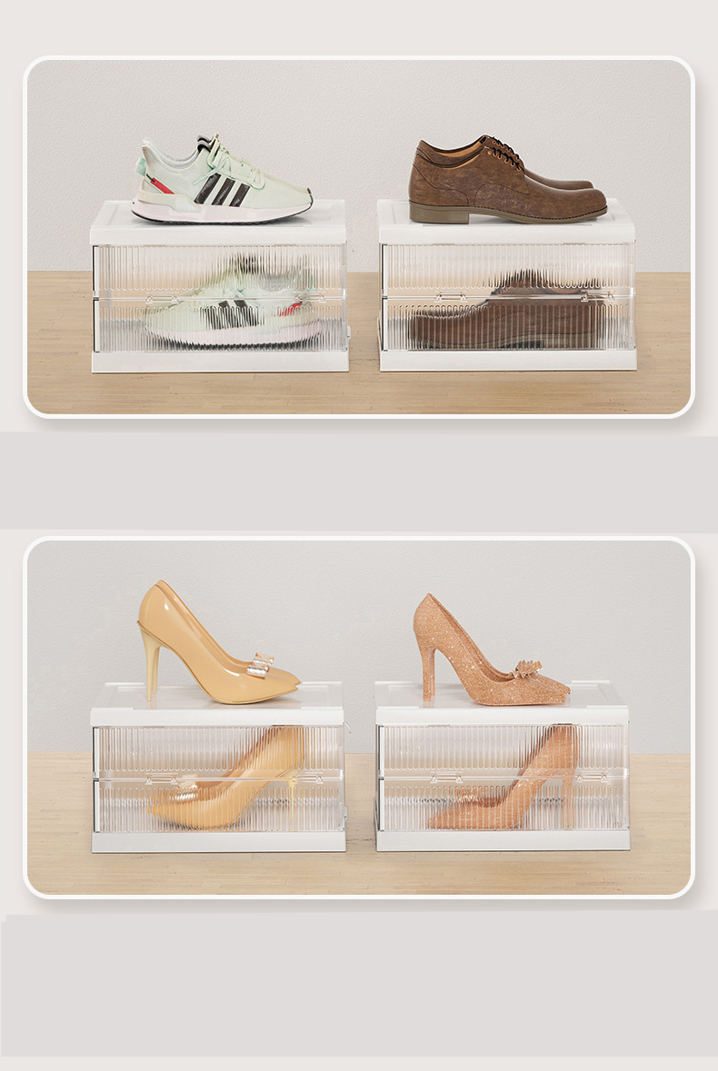 (34.5x54cm) Stapelbare Schuh Aufbewahrungs Box 3-facher Schuh Organizer Faltbare Kunststoff Schuhkartons - Weiss / Transparent