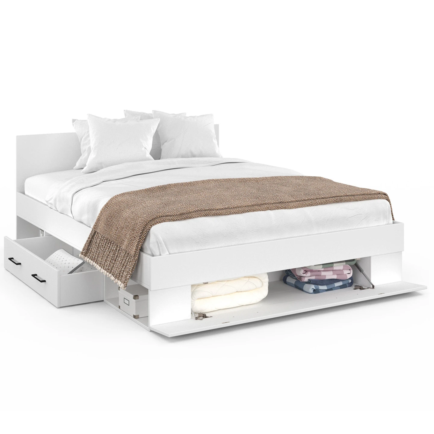 Lit double MINEA avec tiroirs + niches de rangement + tête de lit et sommier 140 x 190 cm blanc