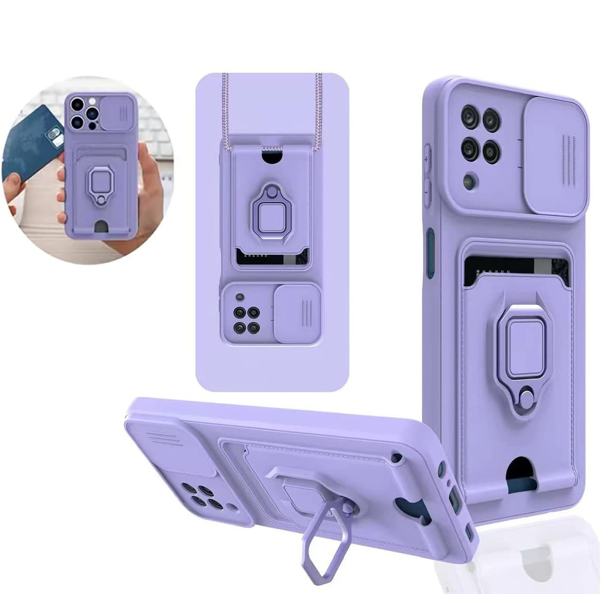 iPhone 12 Pro Necklace Leder Hülle mit Kartenfach   Kickstand Haltering   Handykette (140cm)   Cam-Slider Kameraschutz - Lila