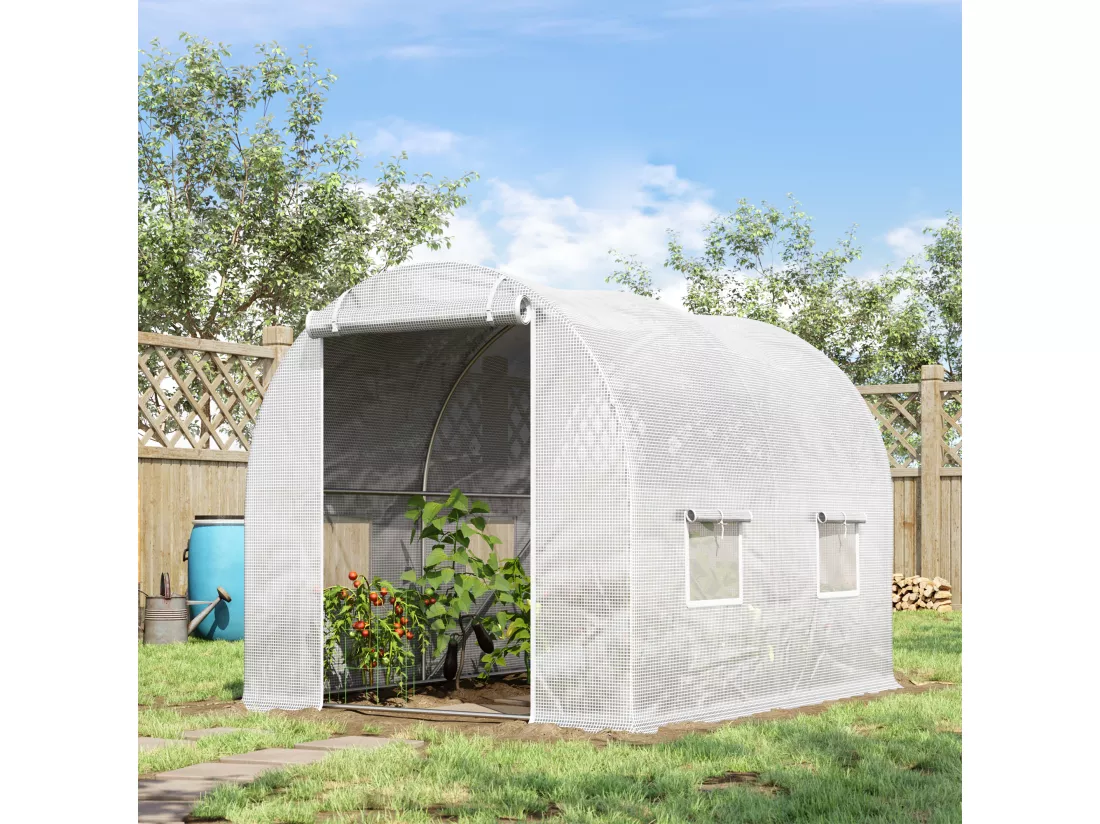 Serre de jardin tunnel 6 m² 3L x 2l x 1,9H m acier galvanisé renforcé diamètre 2,4 cm + PE haute densité fenêtres porte blanc