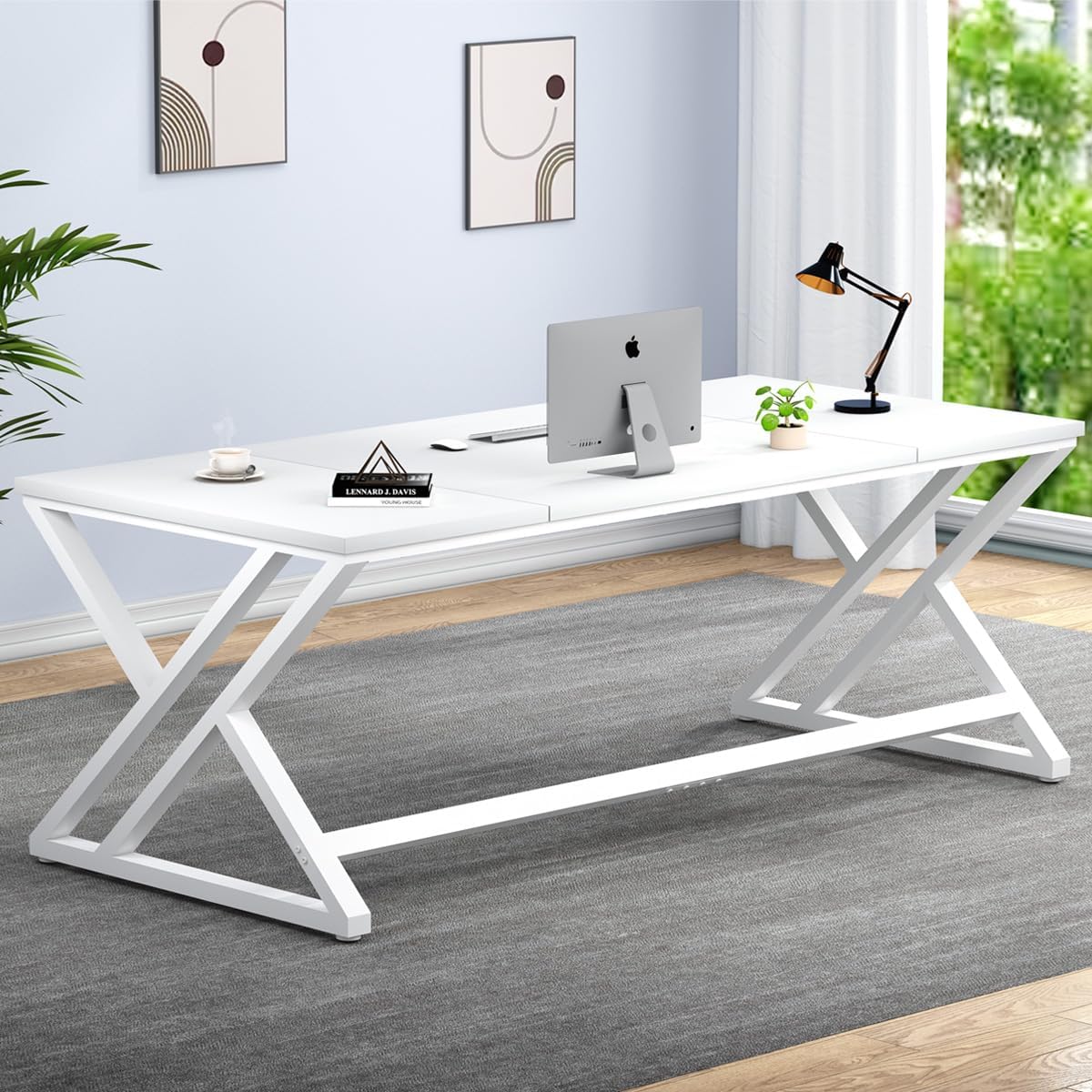 LVB Weiß Schreibtisch Großer Computertisch Langer Schreibtische Bürotisch für Home Office Schreibtisch Holz Metall für Arbeitszimmer Konferenztisch Gaming PC Tisch Weiß 180 x 80 x 75cm
