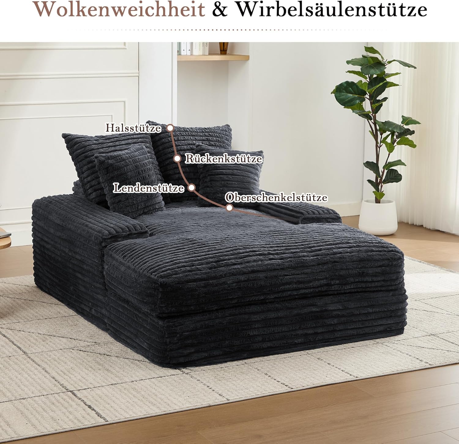 Cord Samt Lounge Sofa, 137x175 cm, Daybed & Lounger für Wohnzimmer, 2-Sitzer Couch, Extra Bequemes Sofa zum Liegen, Zum Ausstrecken und Entspannen, Grau