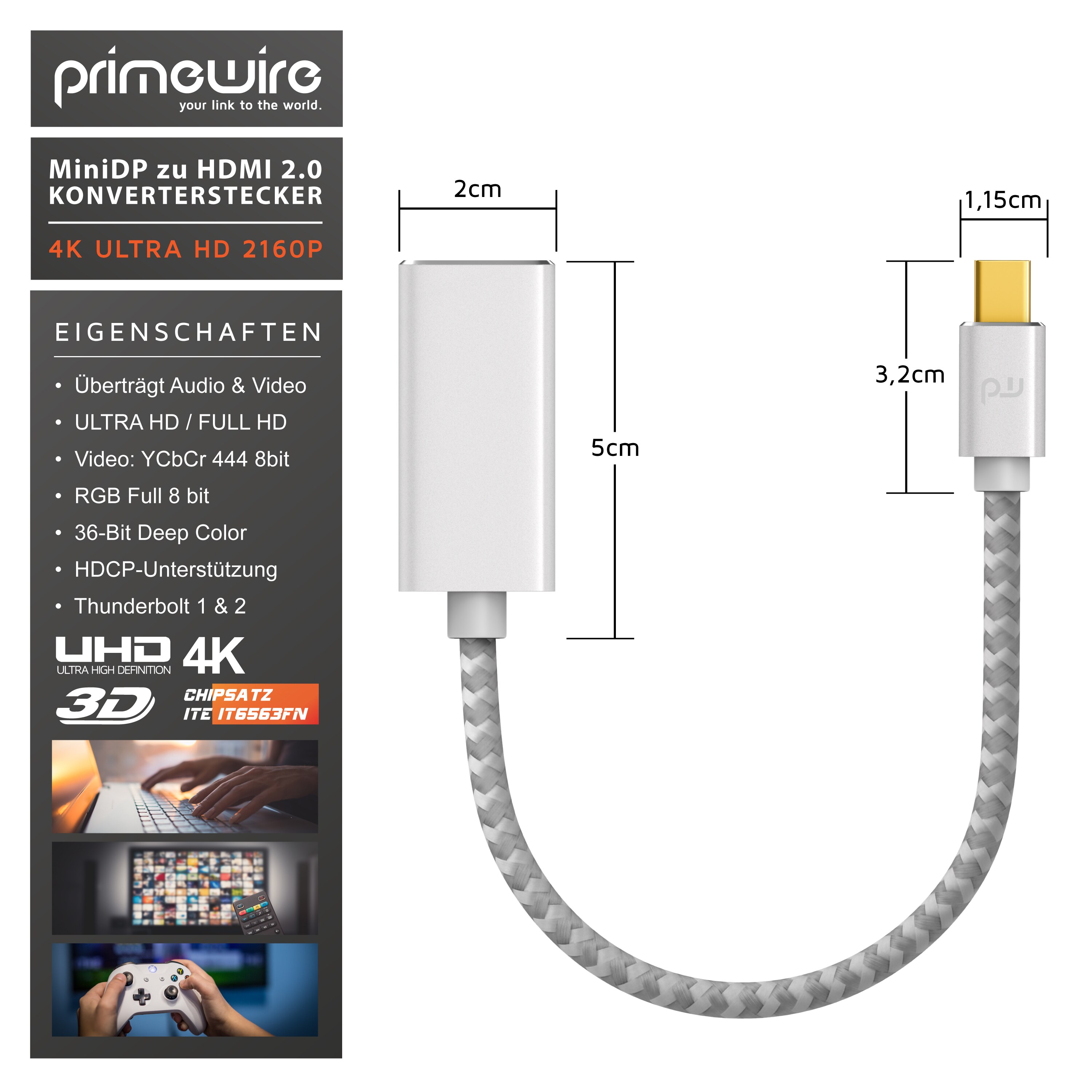Primewire 4k Mini Displayport zu Hdmi 2.0 Adapter - mini DP Kabel - 4k@60Hz - Thunderbolt 1 - 2 - Audio und Video