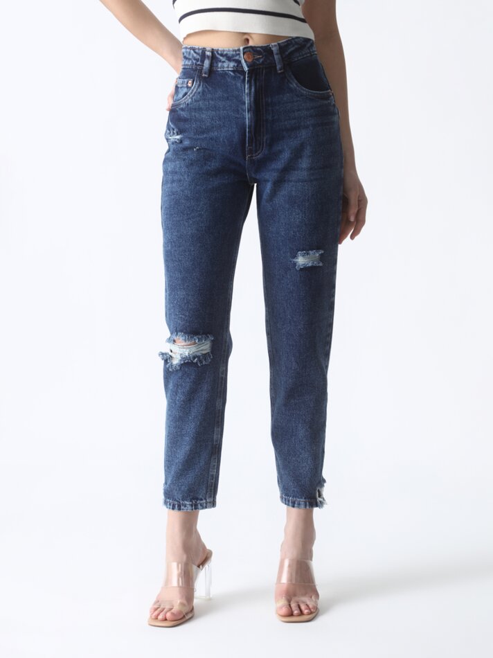 Calça jeans estilo Mom Fit - Azul Escuro