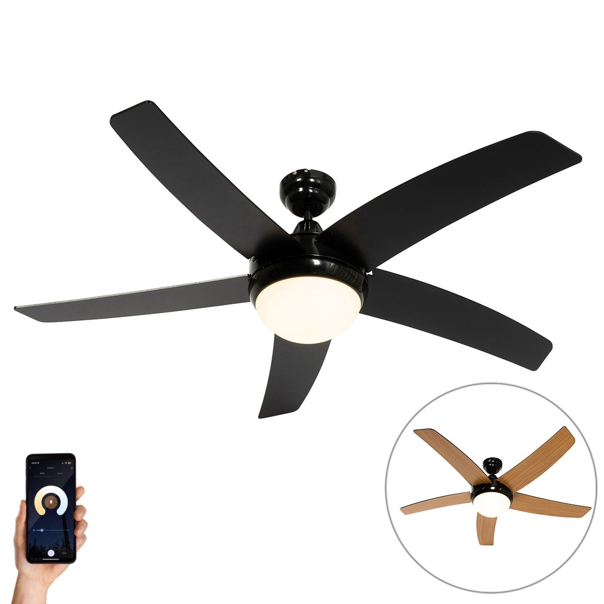 Smart plafondventilator zwart met hout print 132cm incl. LED dimbaar met afstandsbediening - Cool