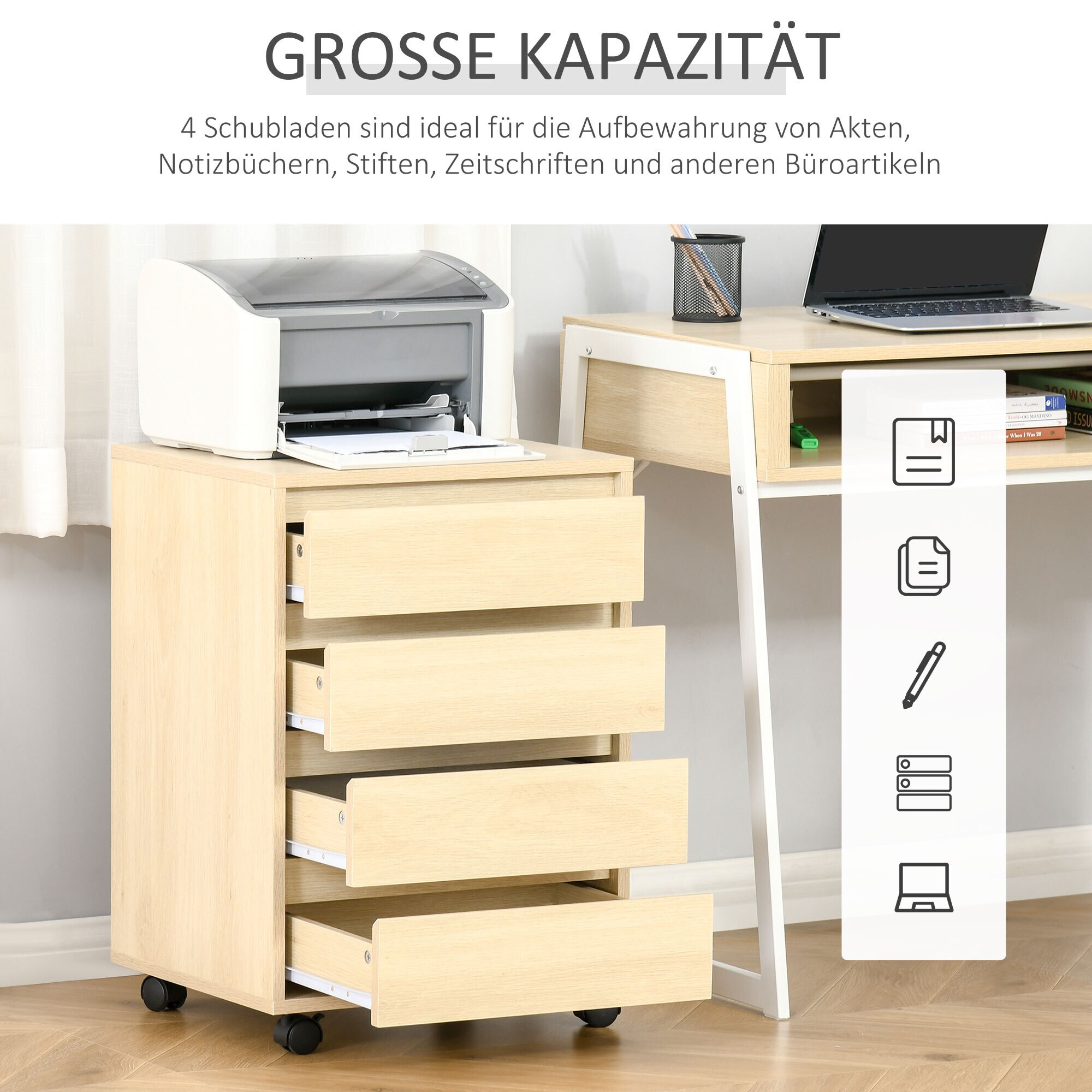 HOMCOM Aktenschrank mit 4 Schublade und Rollen natur 46L x 40B x 65H cm