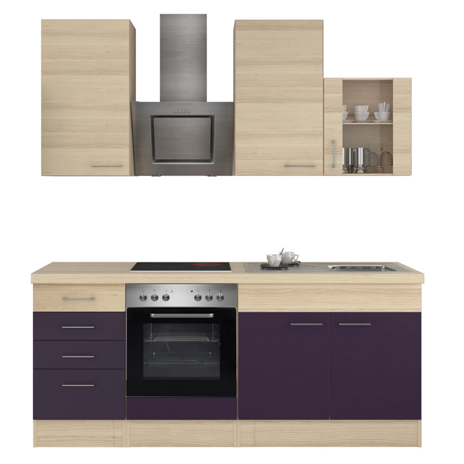 Küchenblock FOCUS - Akazie-Aubergine - mit E-Geräten - 210 cm