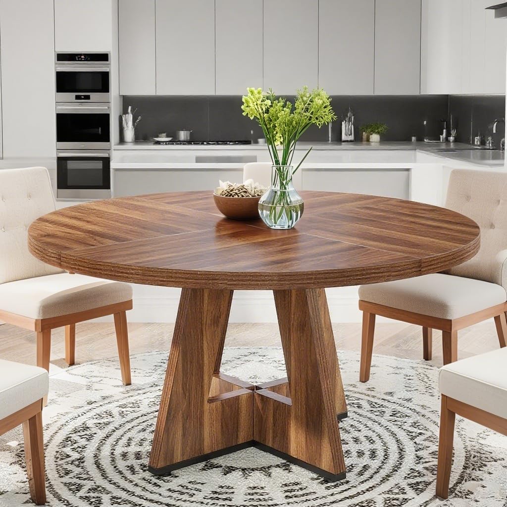 Runder Esstisch, Küchentisch, Hölzern Esszimmer Tisch, 120 cm Esszimmertische für 4 Personen, Bauernhaus Esstisch für Wohnzimmer, Rustikales Braun LI7853826