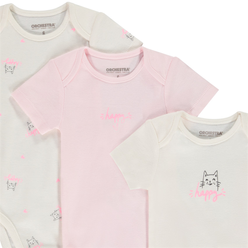 Lot de 3 bodies manches courtes motifs chat pour bébé fille