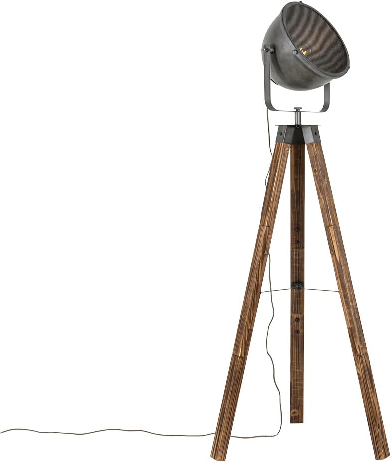 QAZQA - Industrie I Vintage I Industrie I Vintage I Stehleuchte I Stehlampe I Standleuchte I Lampe I Leuchte mit Stativ aus Stahl I Silber I nickel matt und Holz neigbar – Emado I Wohnzimmer I Schlafz