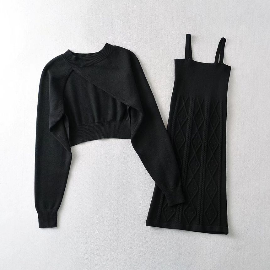 Morhan - Spaghettibandjes effen geribbelde mini-jurk / asymmetrische cropped trui