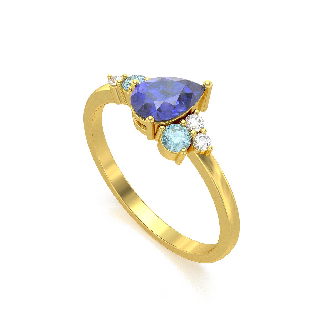 Bague ADEN Or 585 Jaune Tanzanite Aigue-Marine et diamants 2.296grs