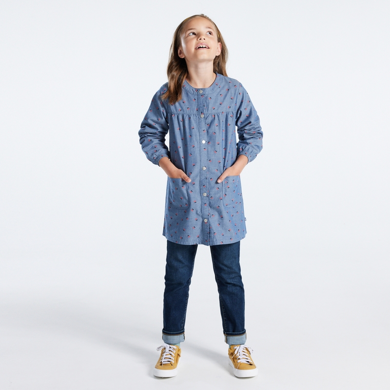 Tablier d'écolière motif cerises bleu fille