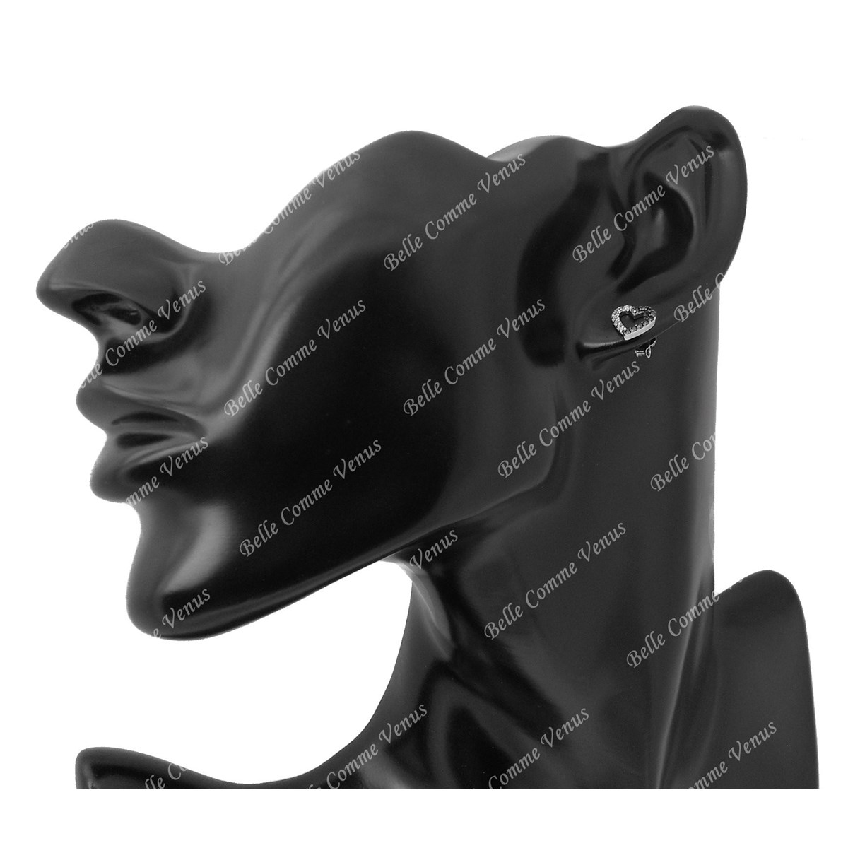 Boucles d'oreilles coeur serti d'oxyde de zirconium blancs et noirs Argent 925 Rhodié