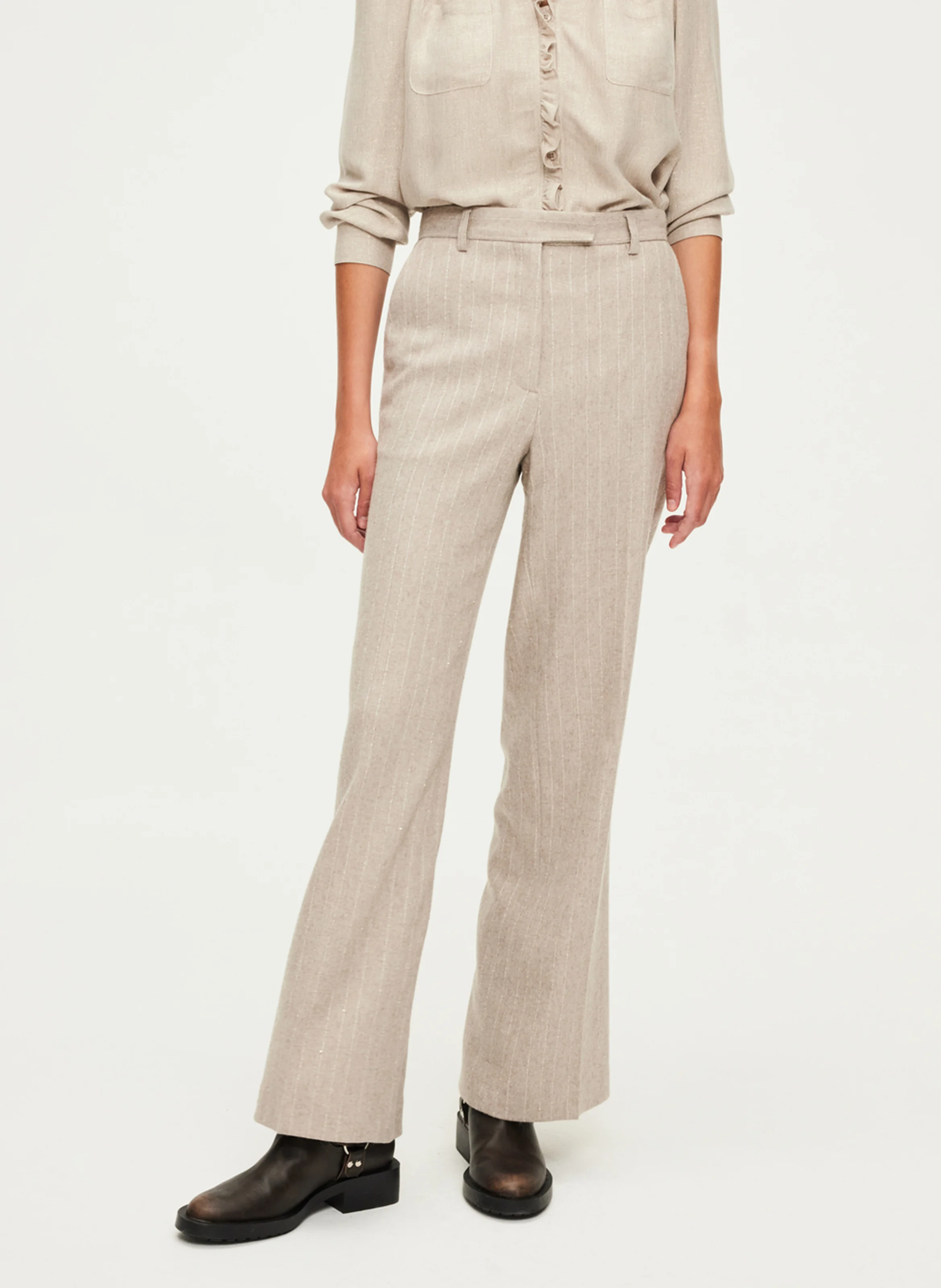 NAYLA - Pantalon large rayé en laine mélangée | Beige