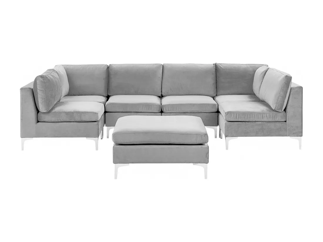 Canapé panoramique modulable en velours gris 6 places avec pouf EVJA