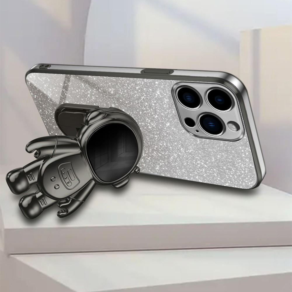 iPhone 15 Pro Hybrid Hardcase Glitzer Hülle   Astronauten Kickstand Aufsteller   Kameraschutz - Schwarz / Silber