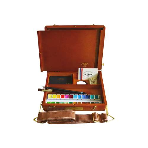 CHARVIN extrafeine Aquarellfarbe im Travel Bag, 24 x 1/2 Näpf. mit Zubehör, Holzkoffer