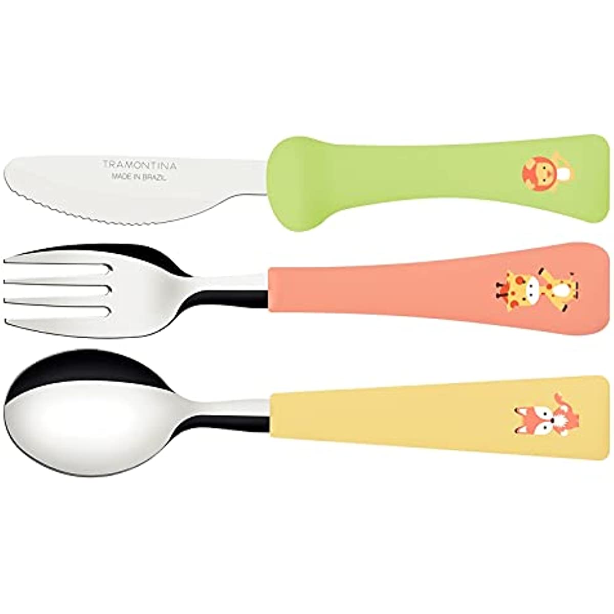Jogo de Talheres Infantil Tramontina Baby Friends com L&acirc;minas de A&ccedil;o Inox e Cabos de Polipropileno Colorido 03 Pe&ccedil;as