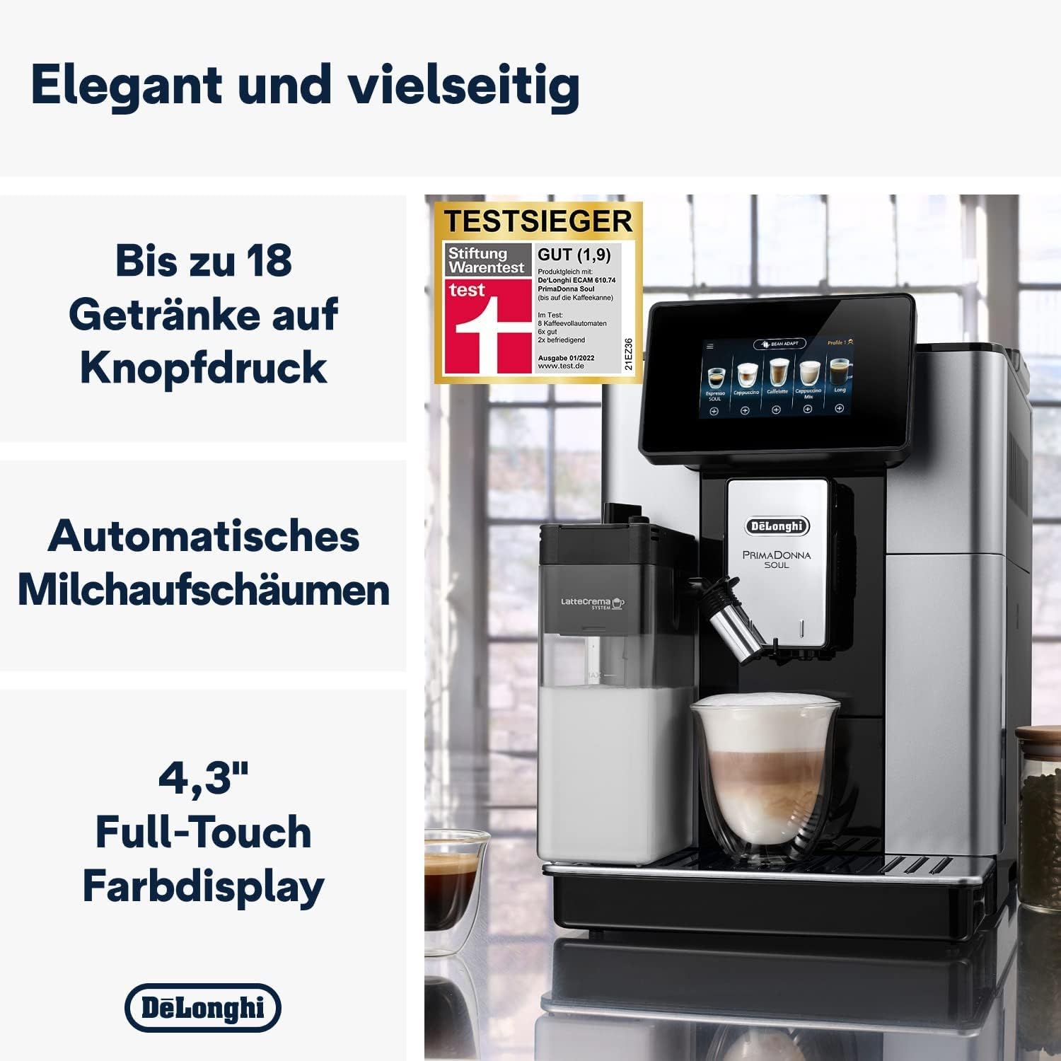 De'Longhi PrimaDonna Soul – Perfetto Kaffeevollautomat mit LatteCrema-Milchaufschäumer, 18 One-Touch-Getränke, Touch-Display, Silber-Schwarz (ECAM612.55.SB)