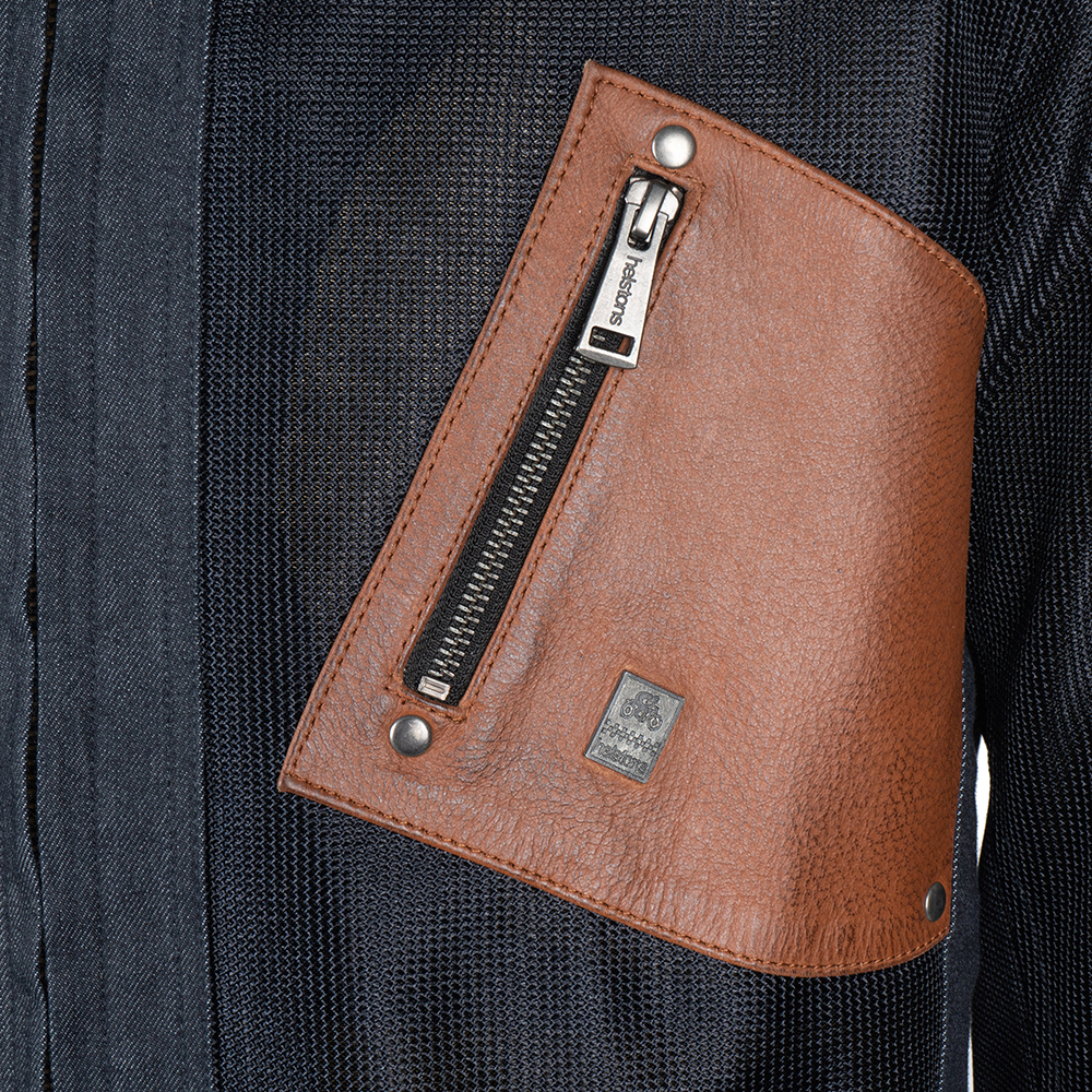 Helstons - Blouson Colt Air toile denim mesh cuir Bleu / Camel