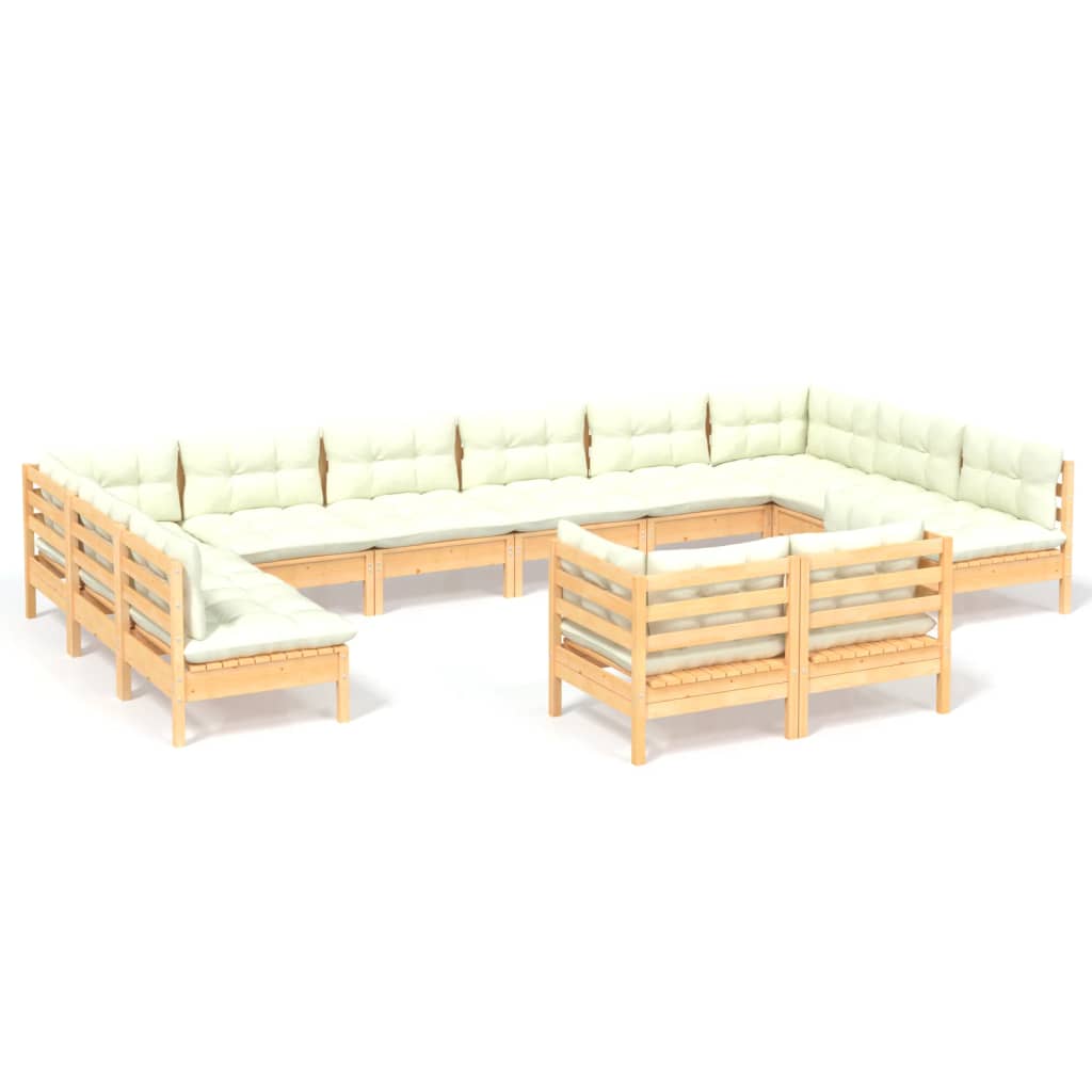 Salon de jardin meuble d'extérieur ensemble de mobilier 12 pièces avec coussins crème bois de pin massif