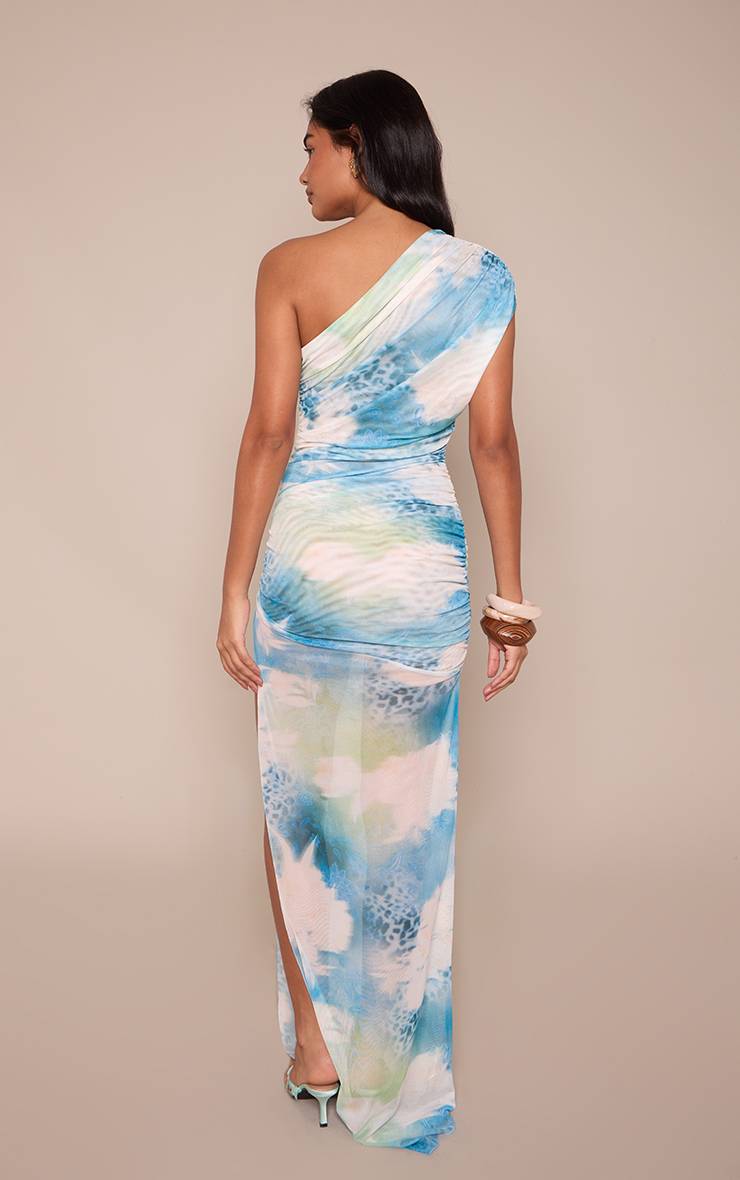 Bleu Robe Longue À Maille Fleurie Froncée Asymétrique Avec Fente Haute