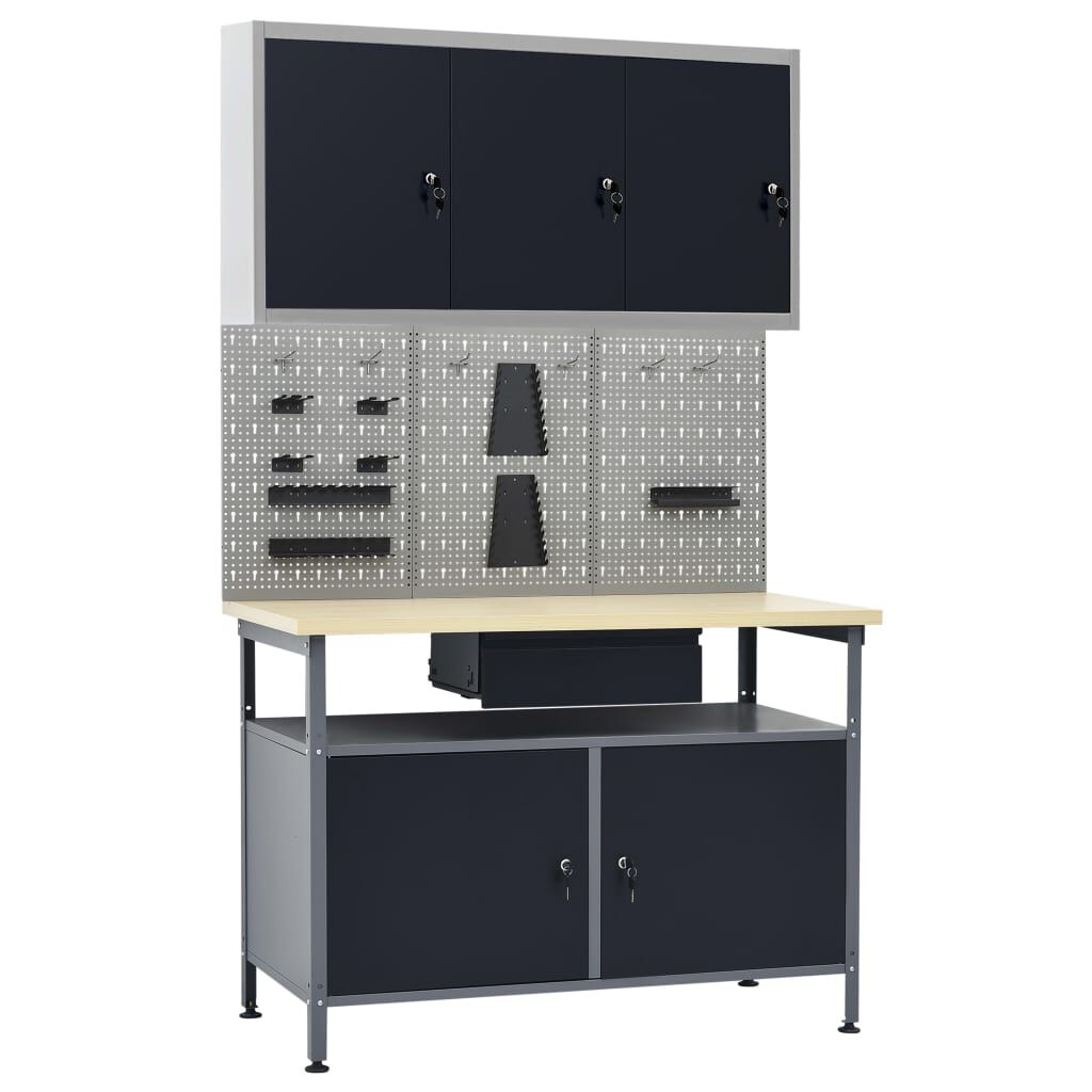 vidaXL Werktafel met drie wandpanelen en een kast