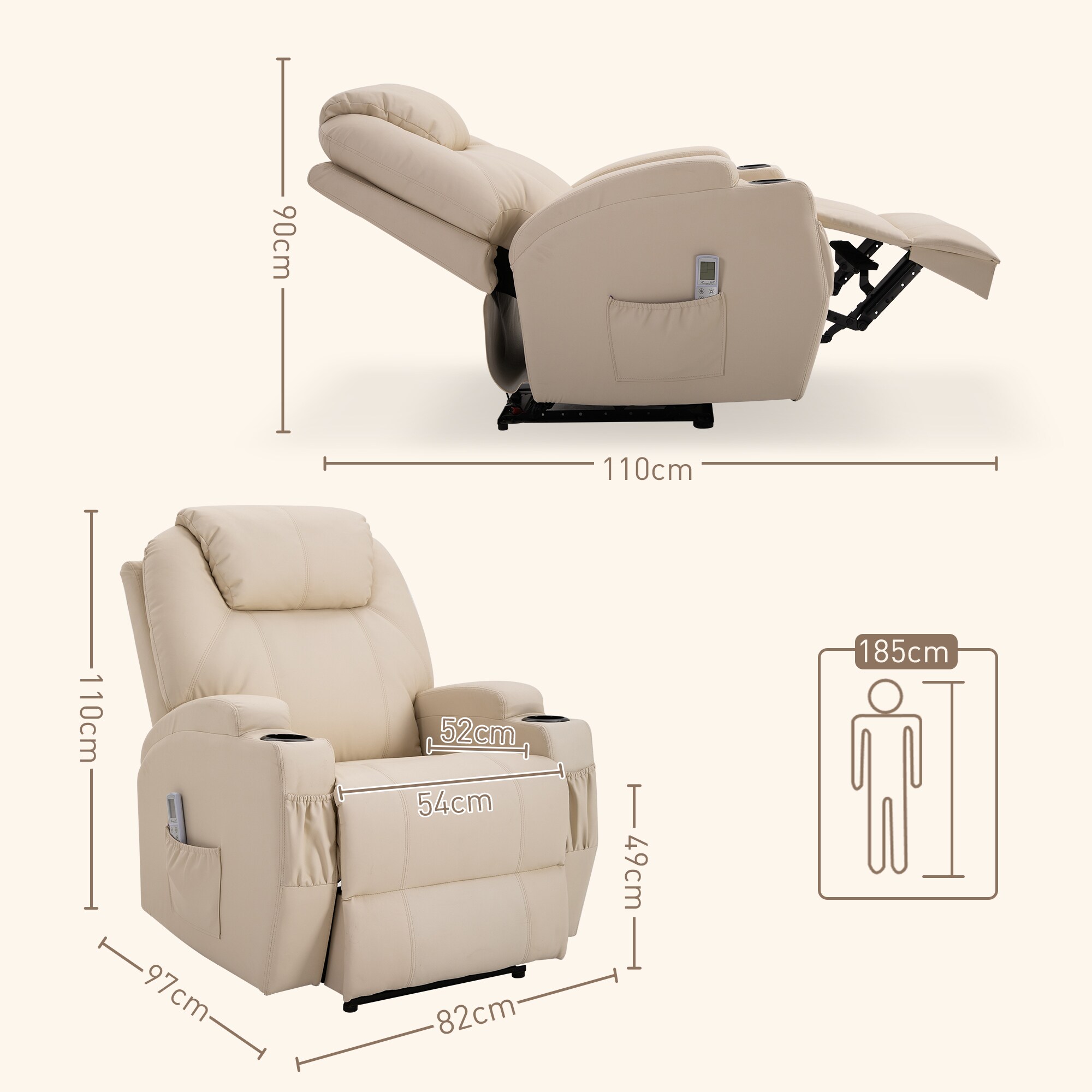 HOMCOM Massagesessel mit Liegefunktion 82B x 97T x 110H cm