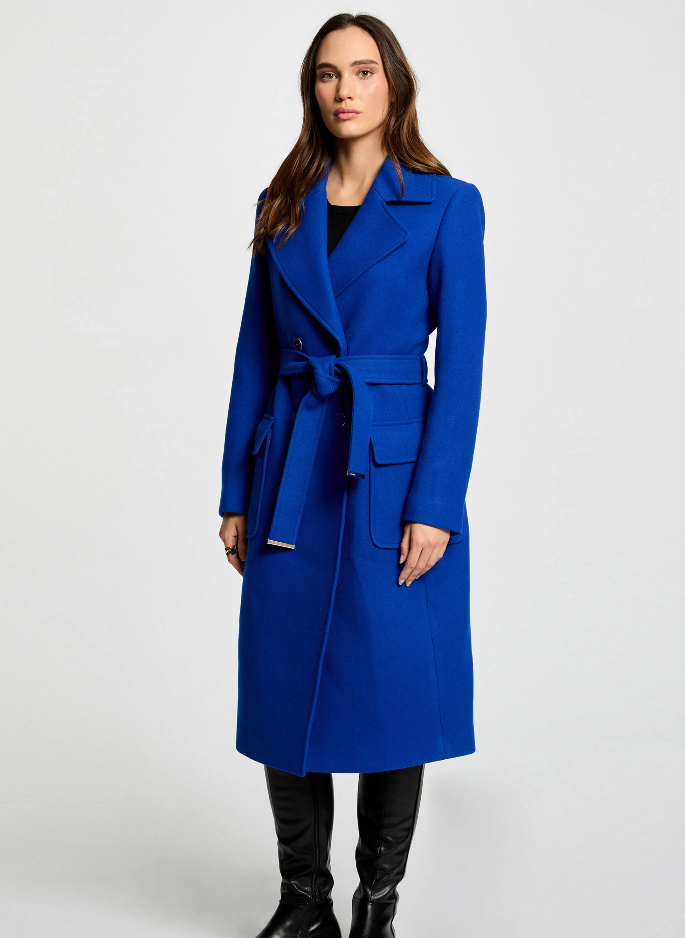 GRAZAY - Manteau long col tailleur ceinturé| Bleu