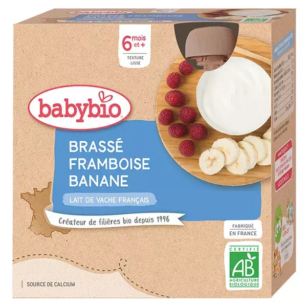 Sobremesa láctea orgânica Babybio sabor framboesa e banana em sachê +6 meses 4 x 85g
