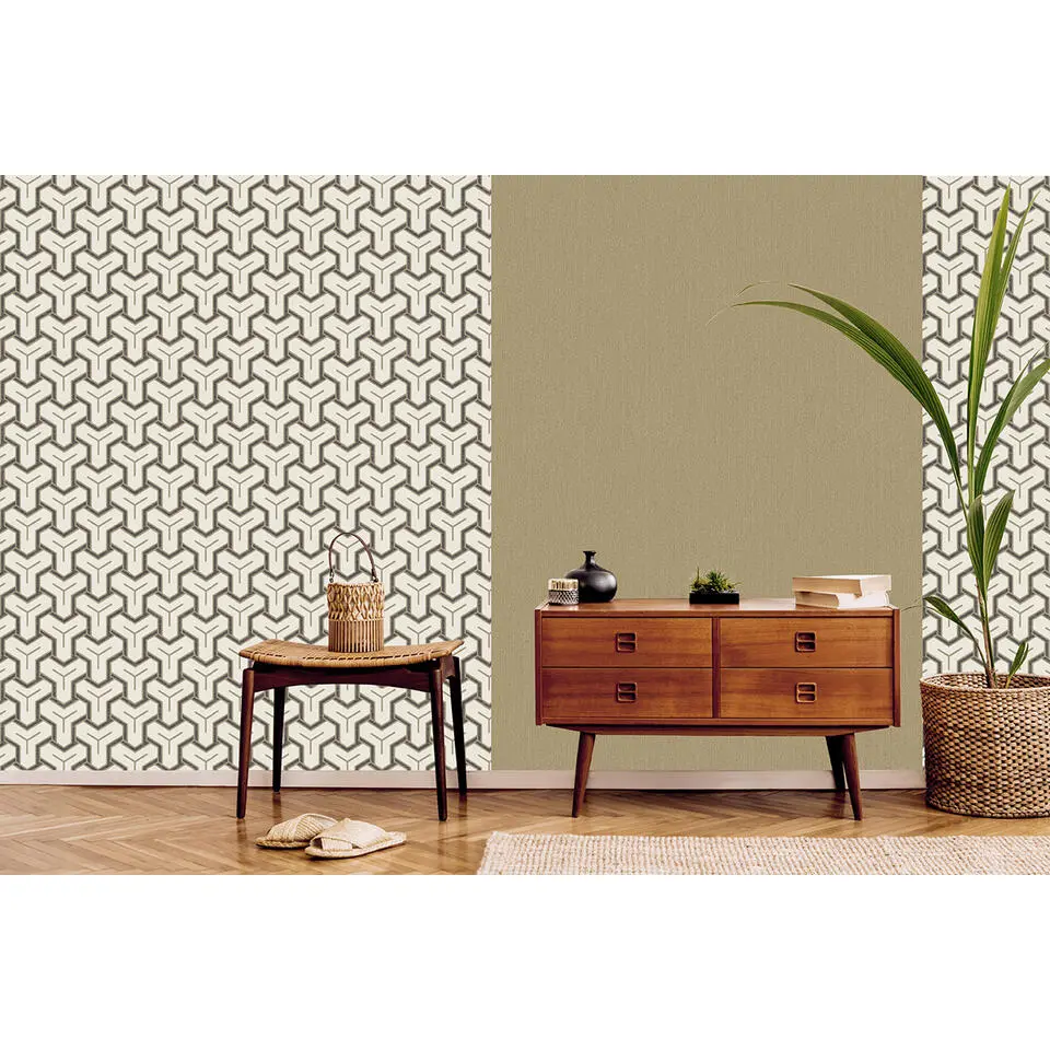 Dutch Wallcoverings - Onyx dessin wit/zwart/beige - 0,53x10,05m