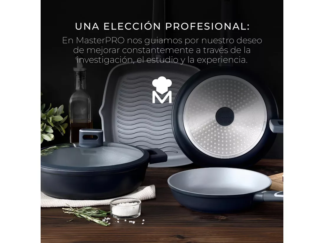 INDIGO Batterie de cuisine 17 pièces en fonte d'aluminium avec poêles à frire, wok, grill, casseroles et casserole avec couvercles MasterPRO