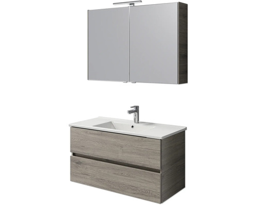 Badkamermeubelset Pelipal Cavallino (B x H x D 100 x 200 x 46 cm), frontkleur: Sanremo eiken, met witte keramische wastafel, badmeubel en spiegelkast met LED-verlichting