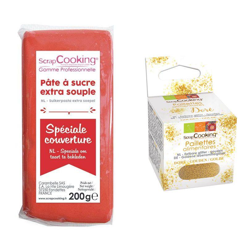 Pâte à sucre de couverture rouge 200 g + paillettes dorées Scrapcookin