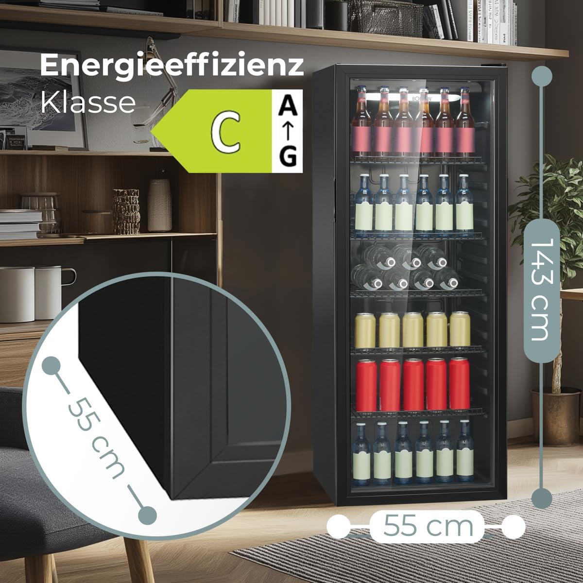 Bomann® Kühlschrank mit Glastür | Energieklasse C | 143cm | Getränkekühlschrank 2-12°C | MultiAirflow | 5 Gitterablagen | Türanschlag wechselbar | 236L | Flaschenkühlschrank | KSG 7292 schwarz