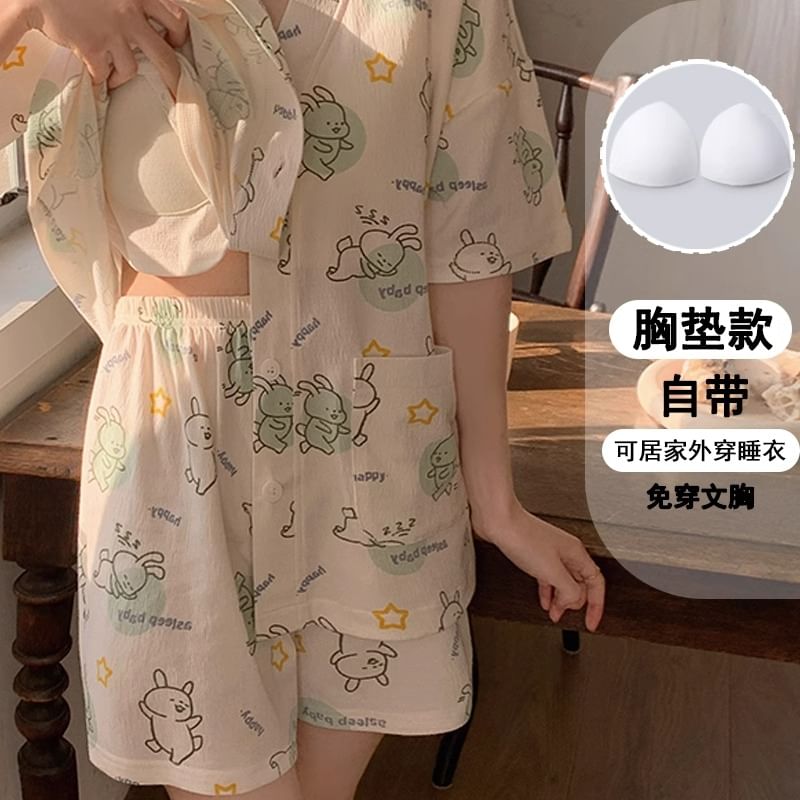Dazzli - Pyjamaset: Gewatteerd shirt met korte mouwen, V-hals en patroonprint + Shorts met elastische taille