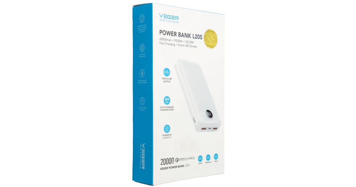 VEGERL20S powerbank 20.000 mAh  (Wit)