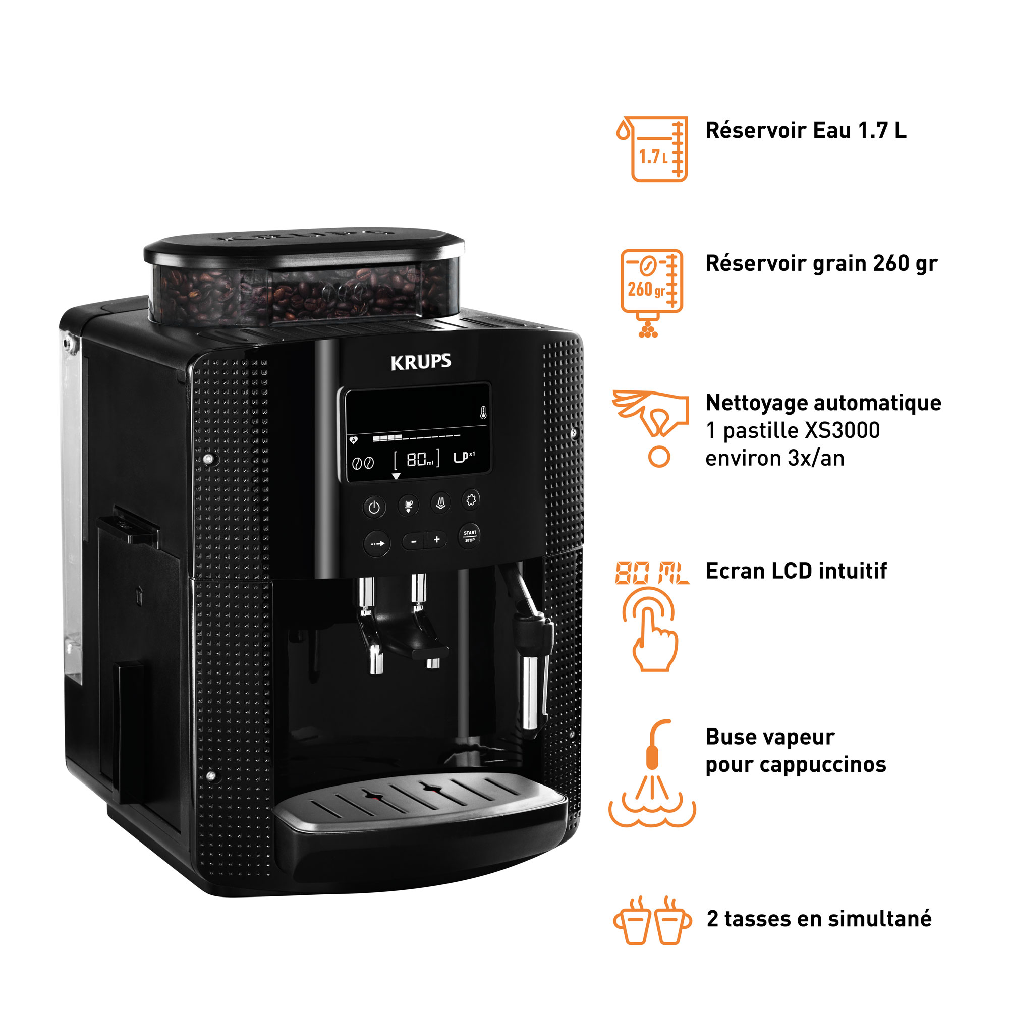 Essential, Machine à café à grain, 3 boissons, Ecran LCD