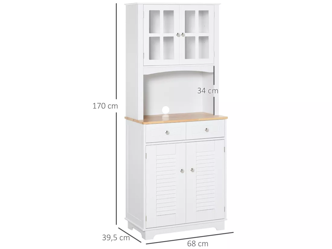 Armoire de cuisine 2 placards 2 portes persiennes et acryliques 2 tiroirs grande niche bois caoutchouc MDF blanc
