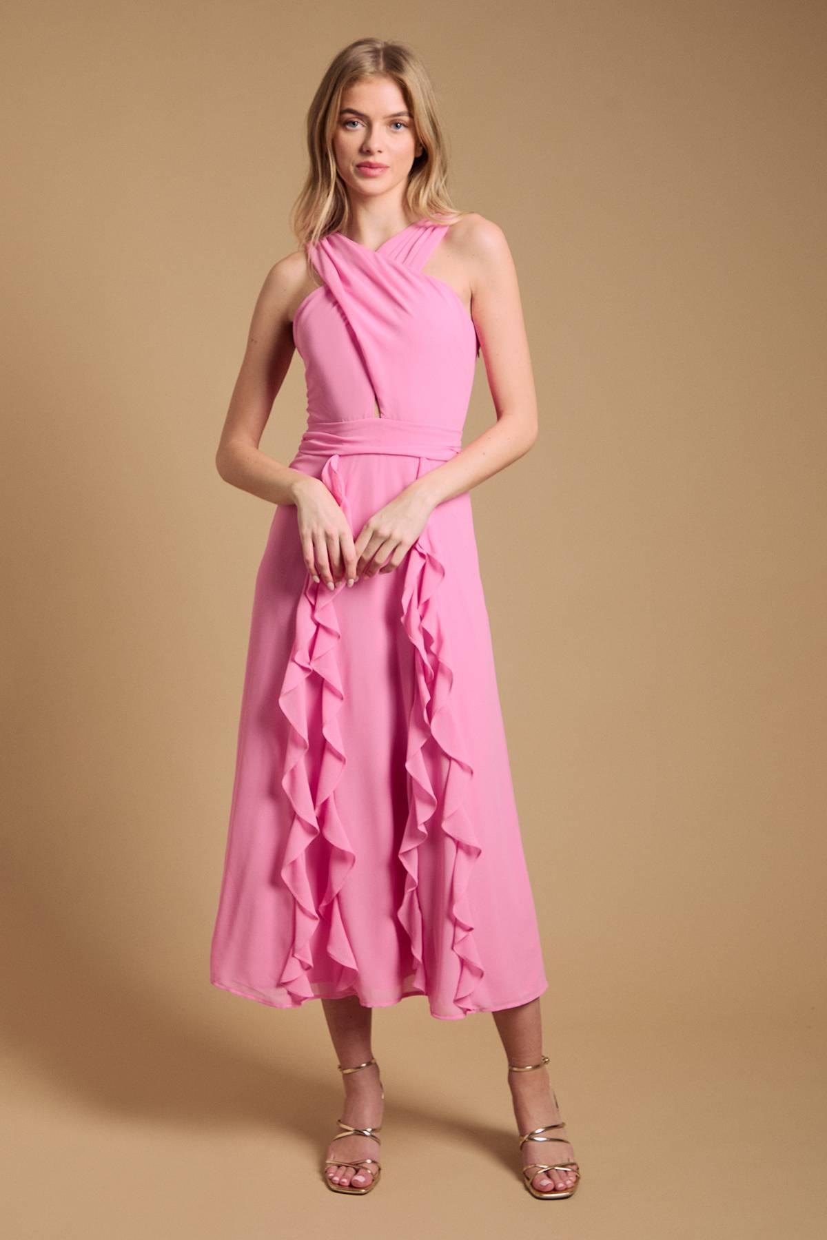 Oasis Robe Longue à Col Halter avec Volants