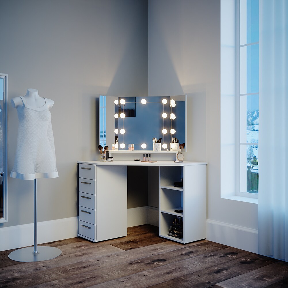 Vicco Eckschminktisch Frisiertisch Frisierkommode Sofia Weiß mit Spiegel mit LED