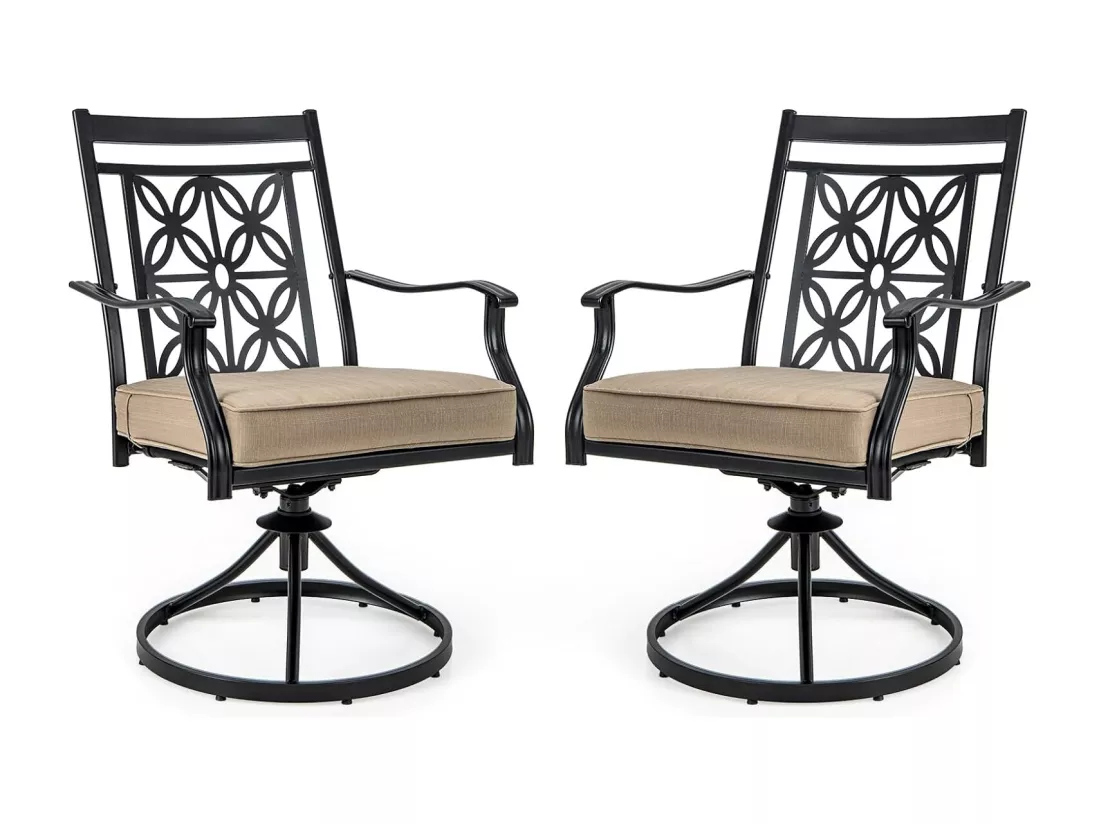 Lot de 2 Chaises de Jardin avec Coussin Amovible, Chaises Pivotantes à 360° avec Cadre en Métal, Fauteuil d'Extérieur avec Dossier à Motif Fleuri pour Cour, Patio, Charge 150 KG (Style 1)