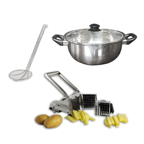Lot friteuse traditionnelle, coupe-frites et araignée à friture