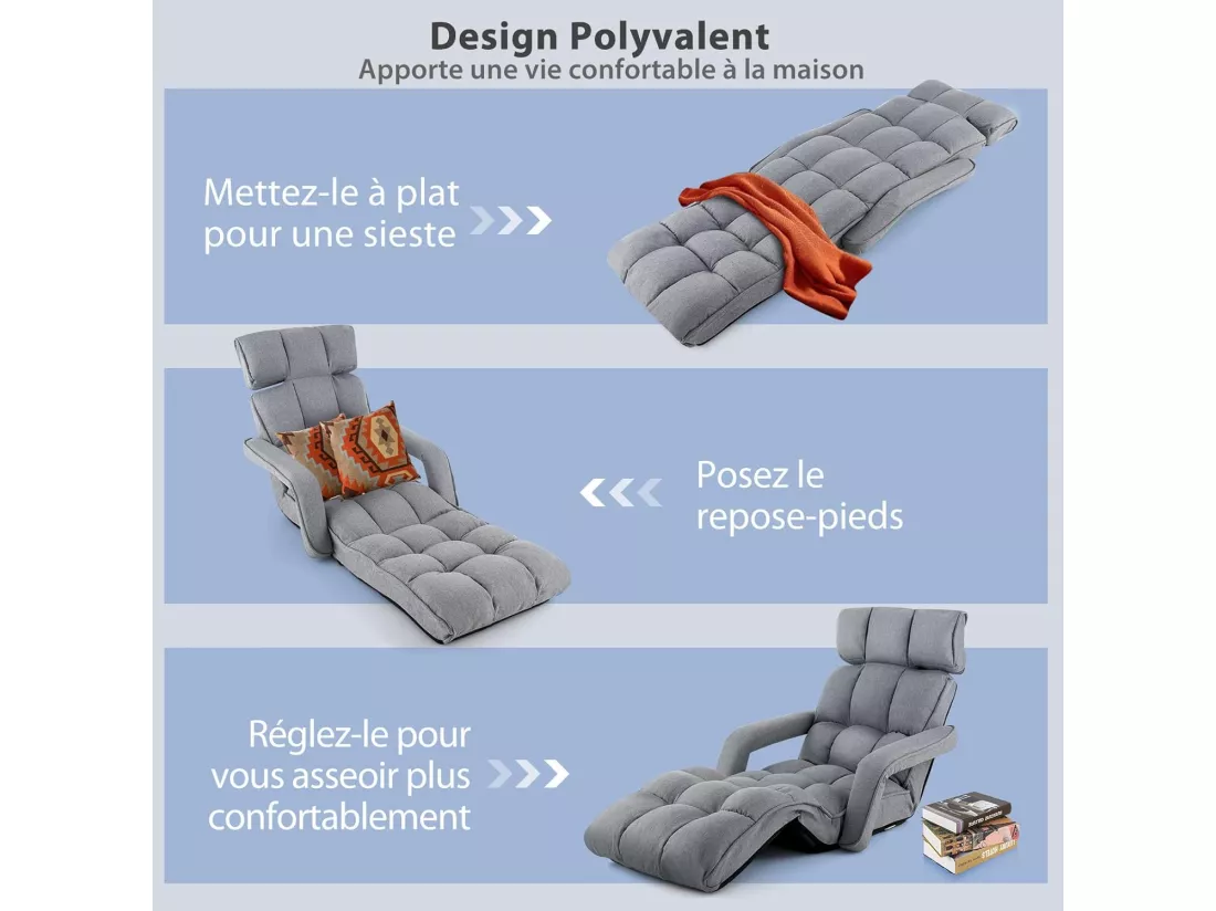 Fauteuil Convertible 1 Place Adulte avec Appui-tête Dossier Réglable 6 Positions 16°-107°, Chauffeuse Convertible avec Repose-Pieds à 8 Réglages, 196 x 72 x 19,5 cm