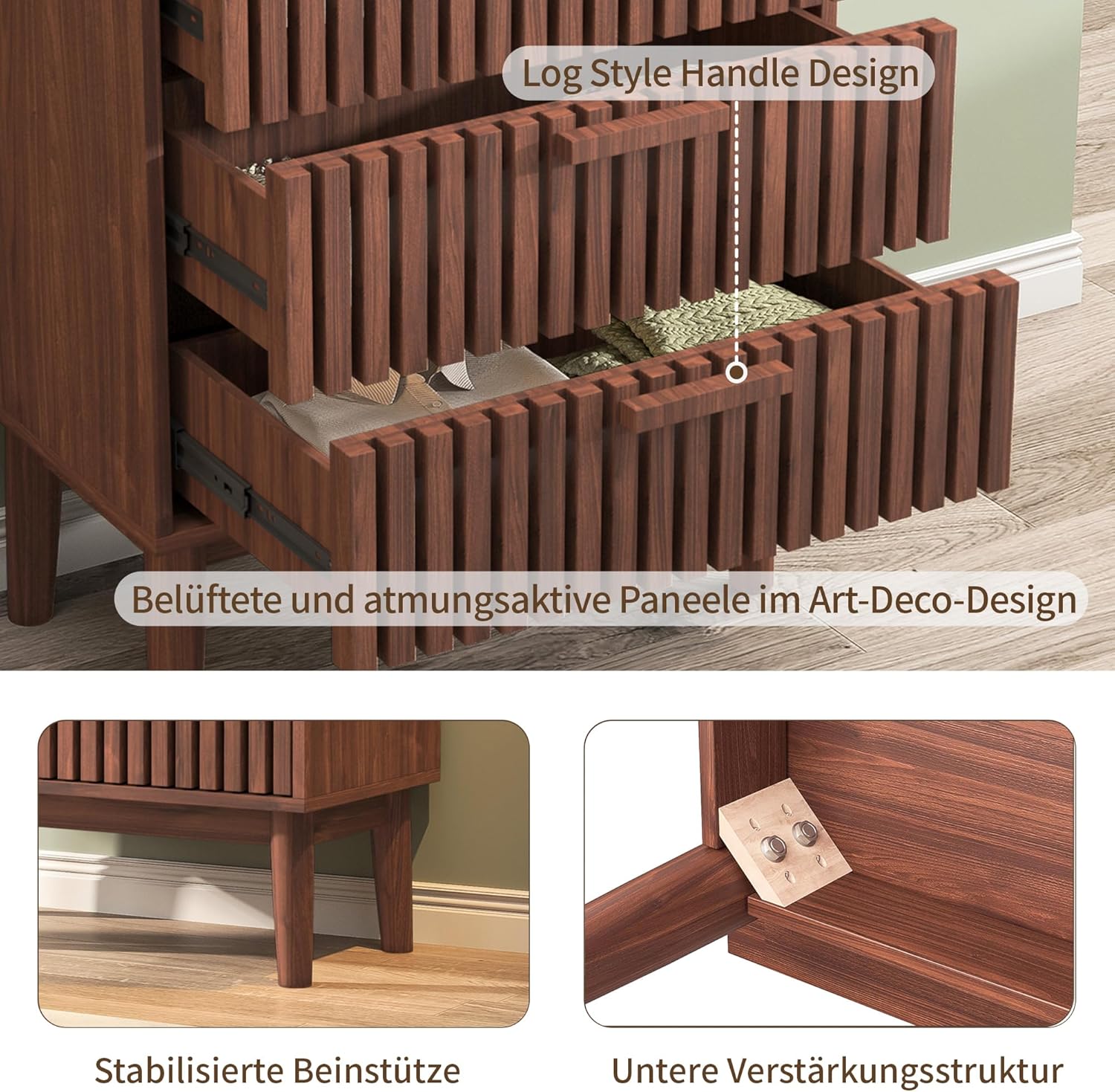 Kommode Mit 4 Schubladen，Kommode mit viel Stauraum Komodenschrank Schubladenkommode Flurschrank Holz für Schlafzimmer Wohnzimmer Flur Büro Organizer (Walnussholzfarbe(4 schubladen))